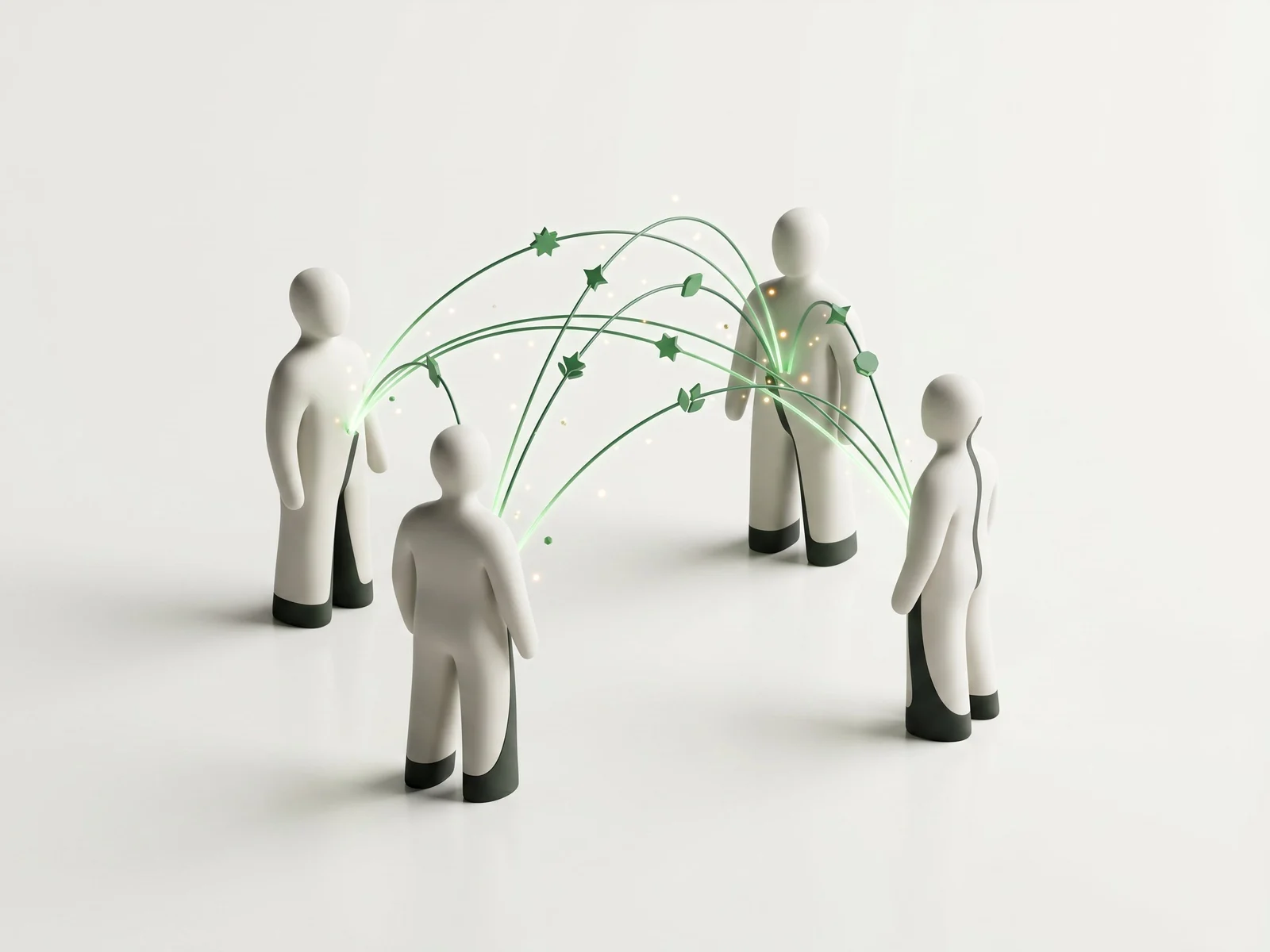 QClap: abstract sculptural human figures connected by glowing green arcs and recognition tokens, representing appreciation between people